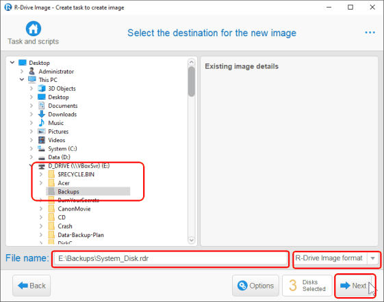 Резервное копирование системного диска - панель Select the destination for the new image