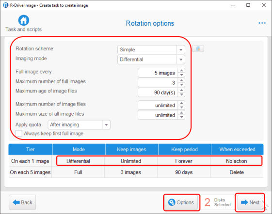 Резервное копирование системного диска - панель Rotation options