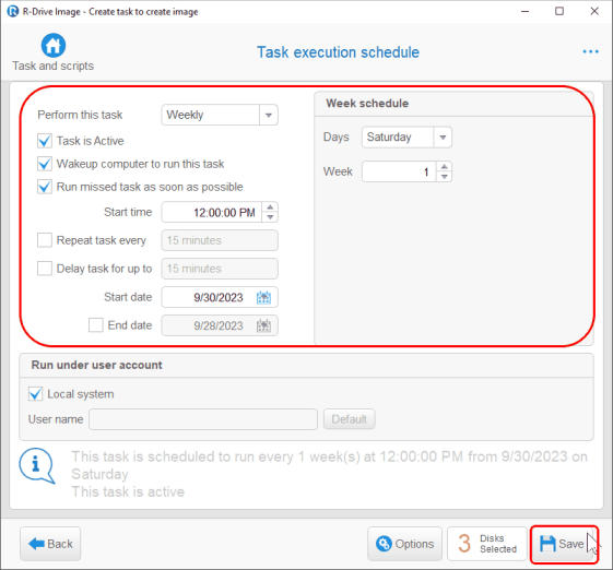 Резервное копирование системного диска - панель Task execution schedule