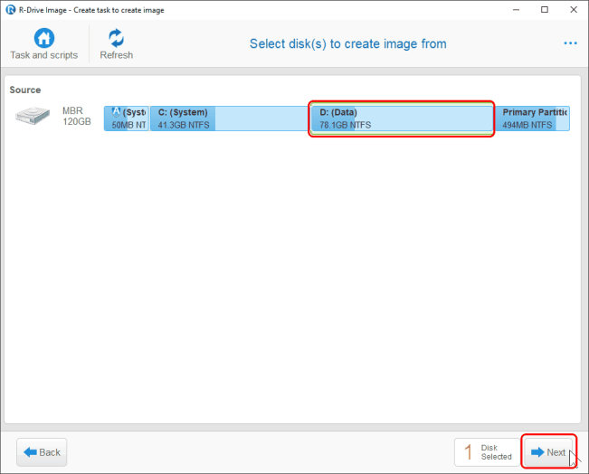 Резервное копирование диска с данными - панель Partition Selection