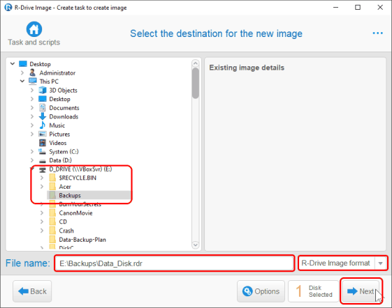 Резервное копирование диска с данными - панель Select the destination for the new image