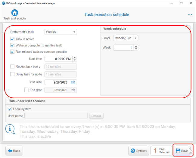 Резервное копирование диска с данными - панель Task execution schedule
