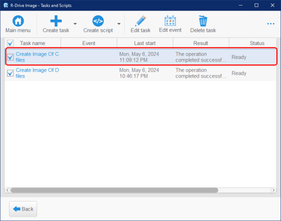 Панель Tasks and Scripts
