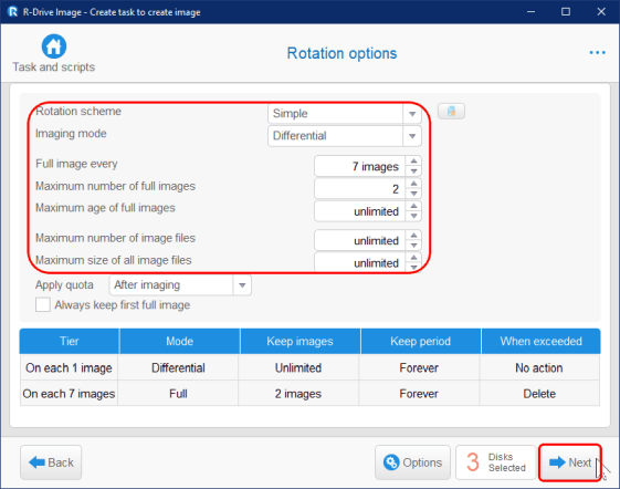 Панель Rotation options